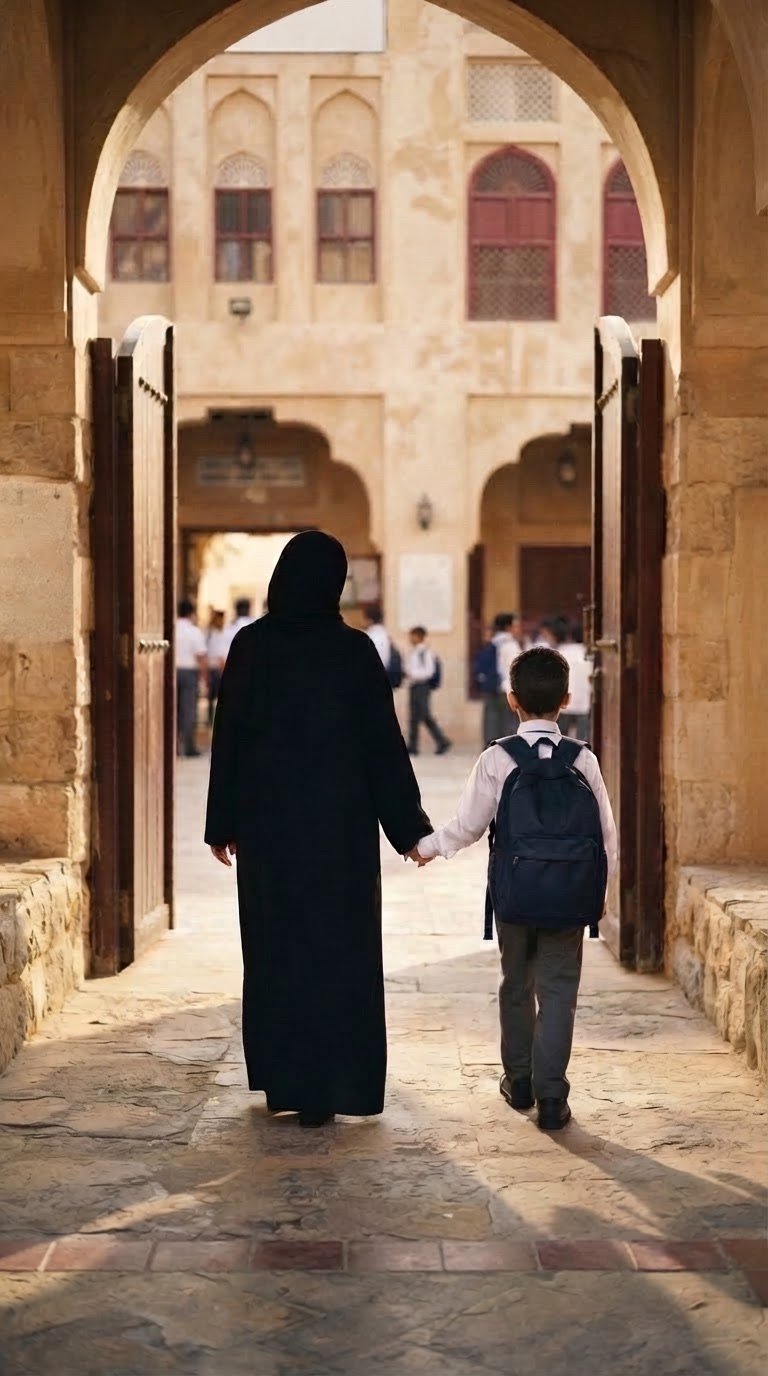 طفل يدخل المدرسة من الخلف